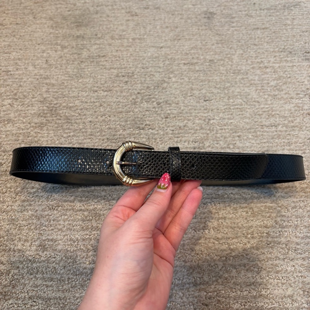 Vintage Black Faux Leather Belt With Gold Accents - Size 12